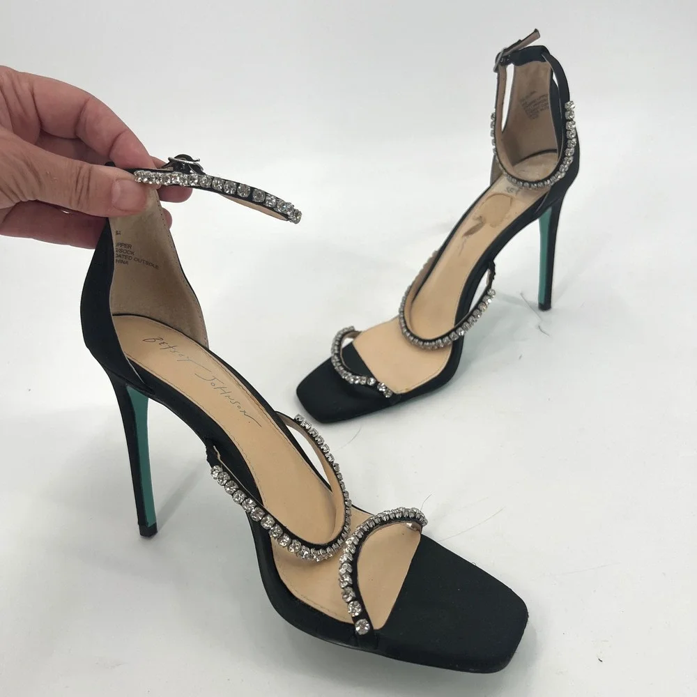 Blue Betsey Johnson Elisa Evening Sandals Black Rhinestone Sparkle Bling Wedding - Picture 2 of 9